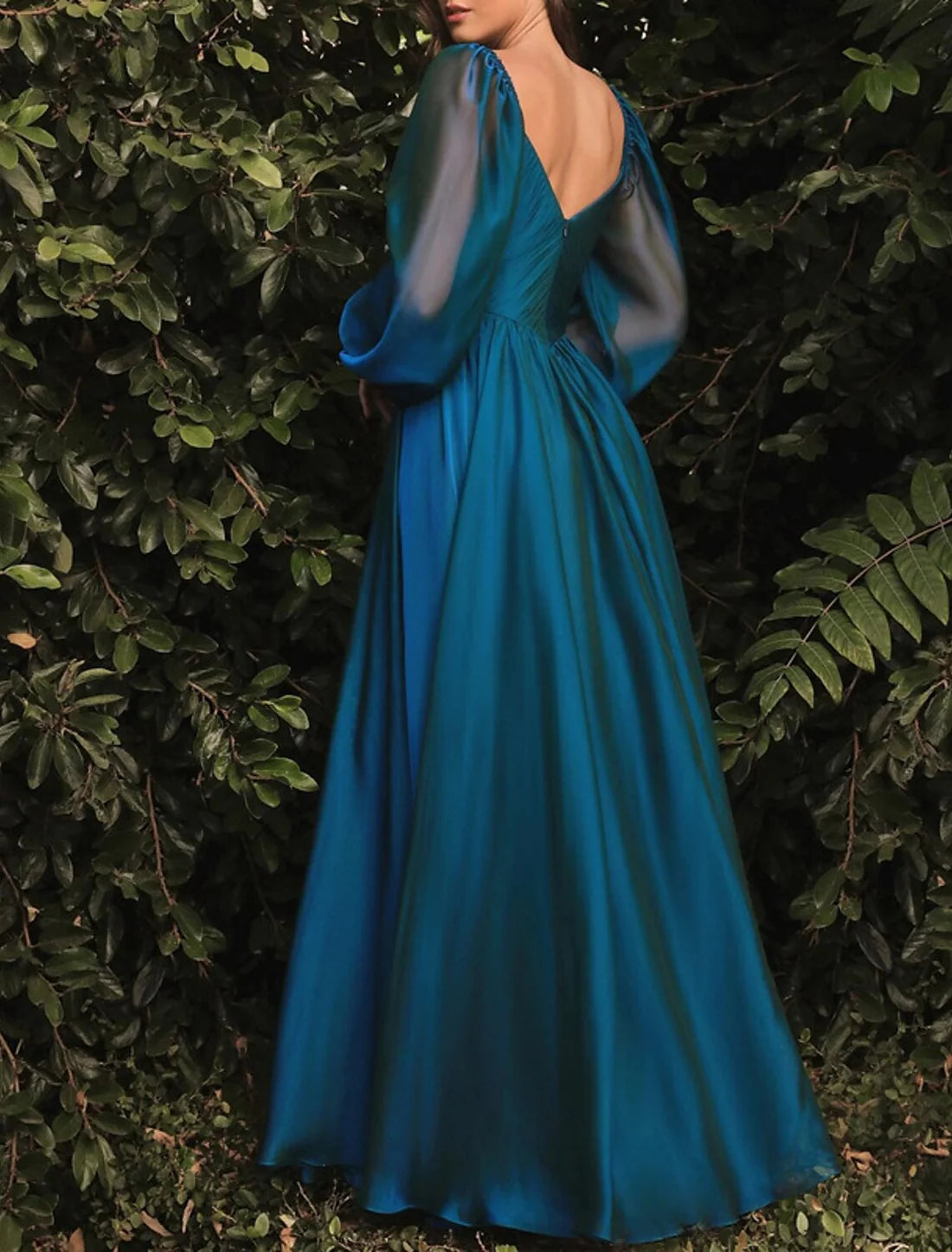 Luolandi A-Line Evening Gown Open Back Dress Formal Wedding Guest Floor Length Long Sleeve Prom Dress with Pleats